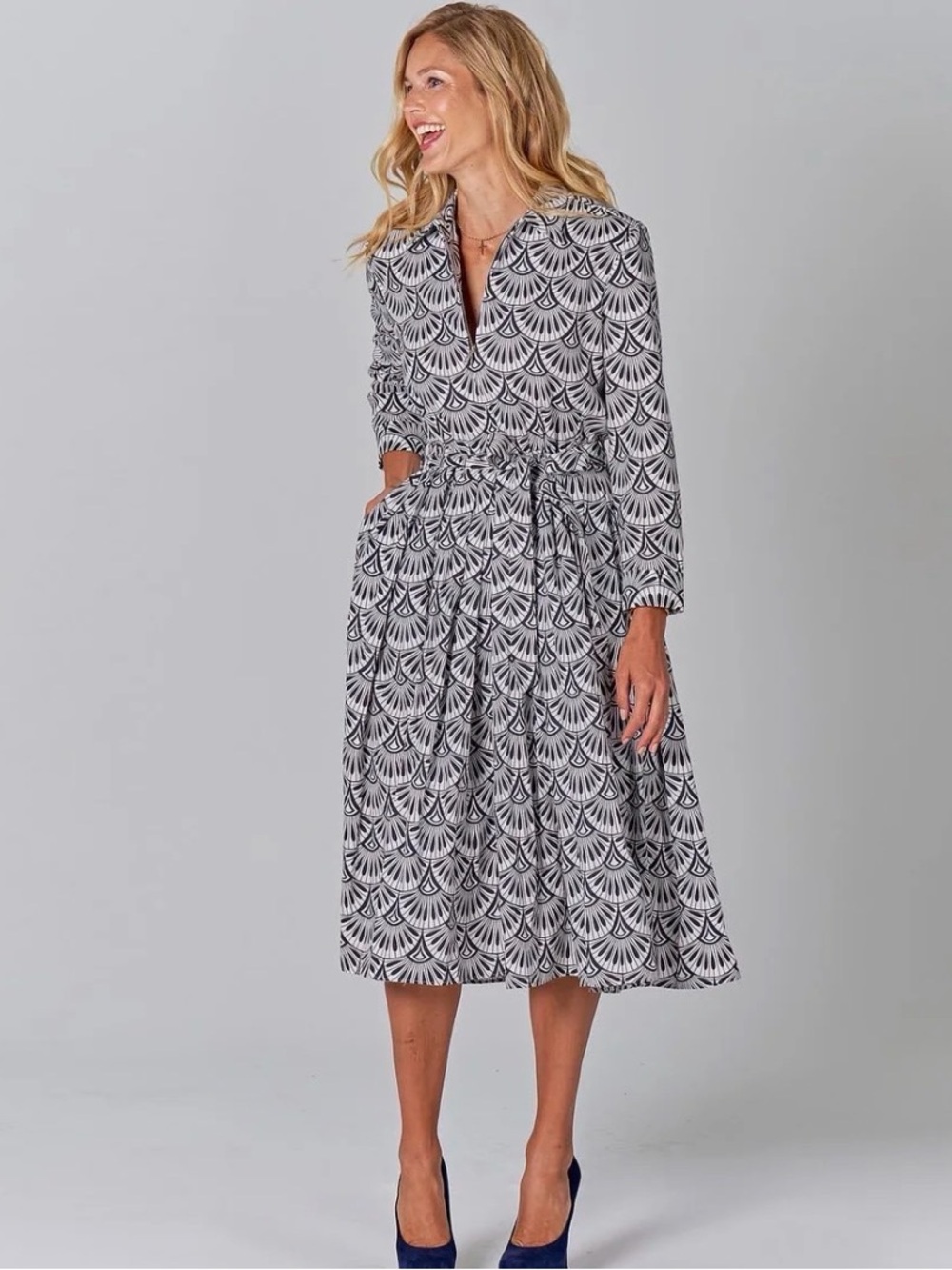 Tucker NYC Allyson Dress Small Black White Art Deco Organic Cotton Midi